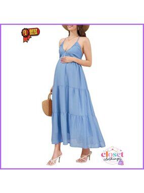 Spaghetti Strap Maternity Maxi Dress Backless Tiered Boho Baby Shower